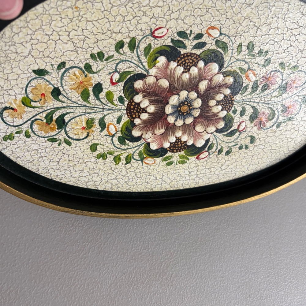 Vintage‎ Floral Hand Painted Nesting Trays Set of 3 Oval Black Gold Crackle Folk - Picture 16 of 16